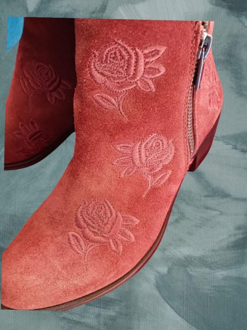 Lucky Brand Suede Ankle Boots W/ Floral Embroidery & Side Zip Terracota Size 6.5 - Picture 10 of 14